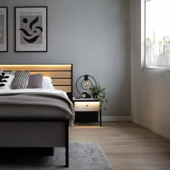 Garnero Arredamenti Letti Matrimoniali|Letti Matrimoniali-Letto matrimoniale contenitore 160x200cm con LED e presa USB-C grigio nero rovere Luna