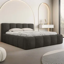 Garnero Arredamenti Letti Matrimoniali|Letti Matrimoniali-Letto matrimoniale 160x200cm con rete contenitore imbottito tessuto bouclé nero Aluna Tessuto Abriamo Nero