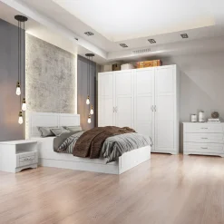 Garnero Arredamenti Letti Matrimoniali|Letti Matrimoniali-Letto matrimoniale 160x200cm con 2 comodini stile classico bianco opaco Friuli