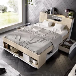 Garnero Arredamenti Letti Matrimoniali|Letti Matrimoniali-Letto matrimoniale 160x200cm con cassettoni e libreria rovere bianco Nolito Bianco Opaco - Rovere