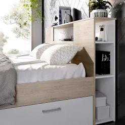 Garnero Arredamenti Letti Matrimoniali|Letti Matrimoniali-Letto matrimoniale 160x200cm con cassettoni e libreria rovere bianco Nolito Bianco Opaco - Rovere