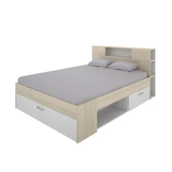 Garnero Arredamenti Letti Matrimoniali|Letti Matrimoniali-Letto matrimoniale 160x200cm con cassettoni e libreria rovere bianco Nolito Bianco Opaco - Rovere