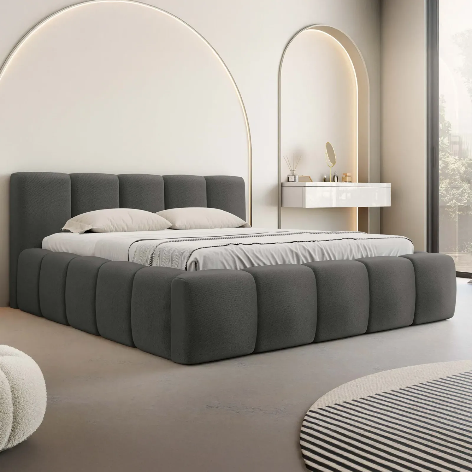 Garnero Arredamenti Letti Matrimoniali|Letti Matrimoniali-Letto matrimoniale 160x200cm con rete contenitore imbottito grigio scuro Aluna Tessuto Kronos Grigio Scuro