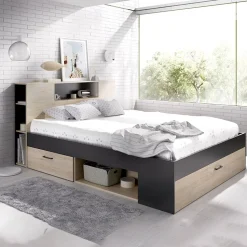 Garnero Arredamenti Letti Matrimoniali|Letti Matrimoniali-Letto matrimoniale 160x200cm con cassettoni e libreria rovere antracite Nolito Rovere - Antracite