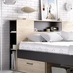 Garnero Arredamenti Letti Matrimoniali|Letti Matrimoniali-Letto matrimoniale 160x200cm con cassettoni e libreria rovere antracite Nolito Rovere - Antracite