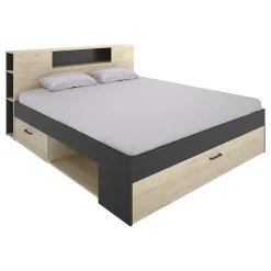 Garnero Arredamenti Letti Matrimoniali|Letti Matrimoniali-Letto matrimoniale 160x200cm con cassettoni e libreria rovere antracite Nolito Rovere - Antracite