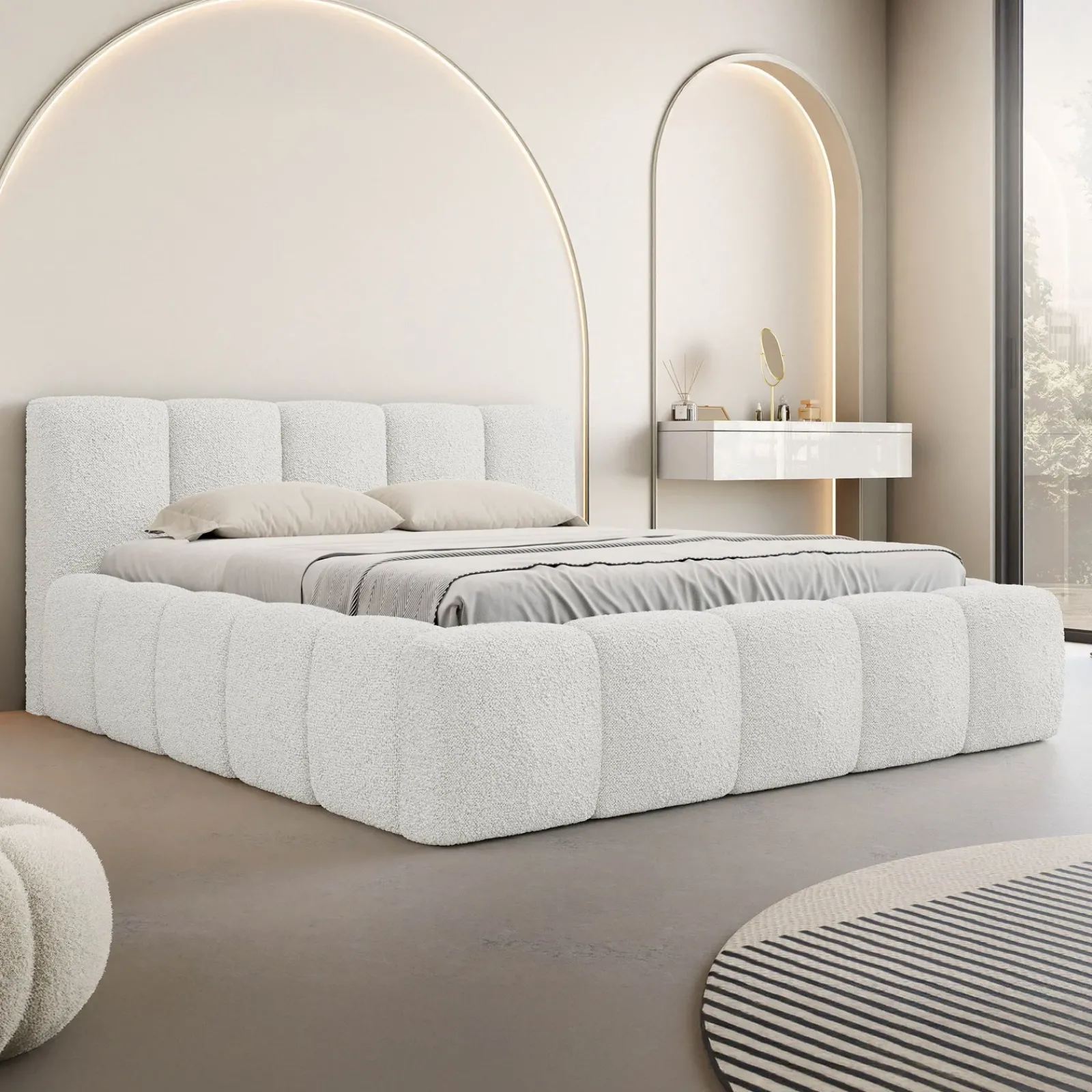Garnero Arredamenti Letti Matrimoniali|Letti Matrimoniali-Letto matrimoniale 160x200cm con rete contenitore imbottito tessuto bouclé bianco Aluna Tessuto Abriamo Bianco