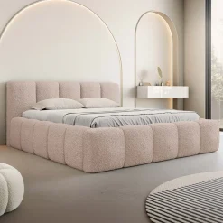 Garnero Arredamenti Letti Matrimoniali|Letti Matrimoniali-Letto matrimoniale 160x200cm con rete contenitore imbottito tessuto bouclé rosa Aluna Tessuto Abriamo Rosa