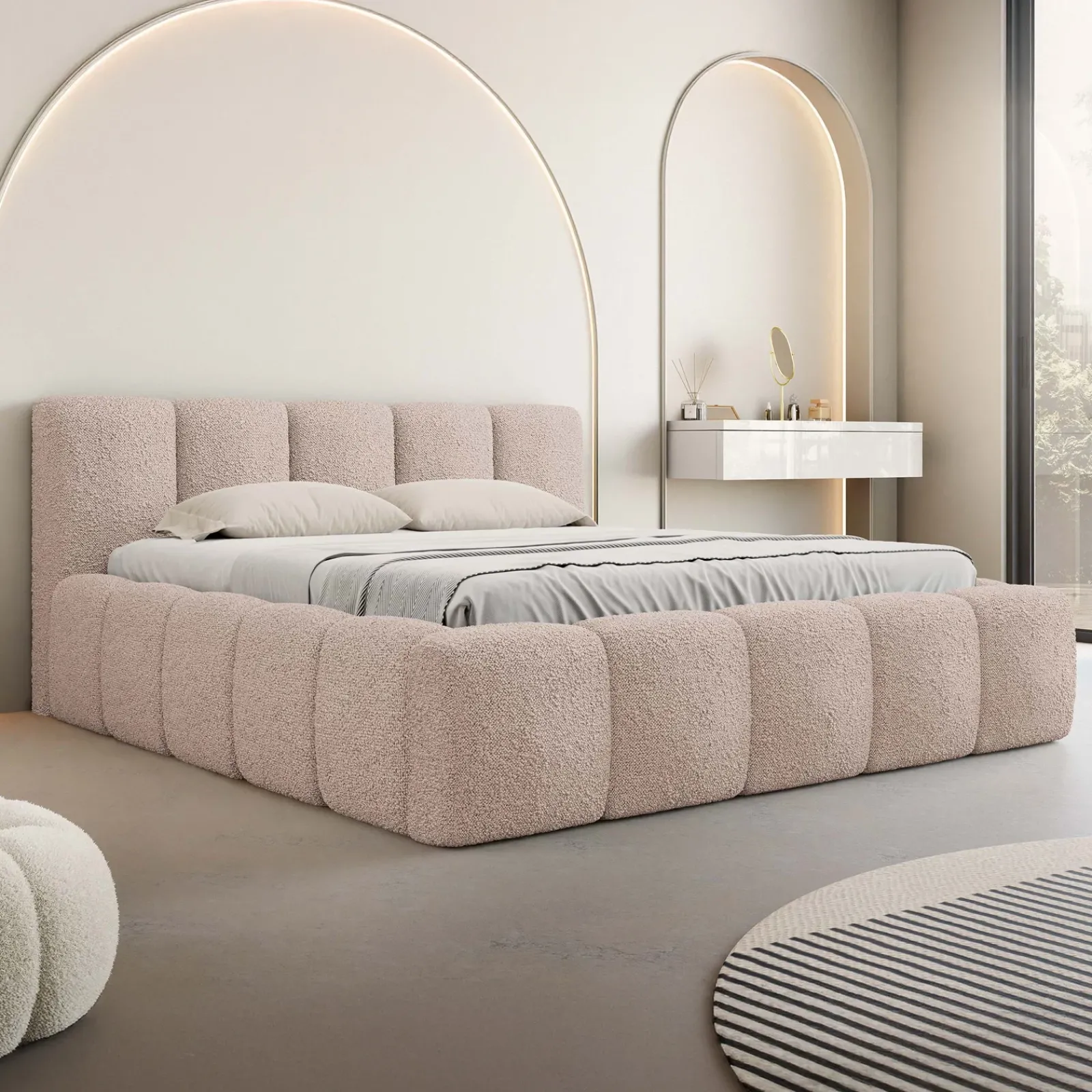 Garnero Arredamenti Letti Matrimoniali|Letti Matrimoniali-Letto matrimoniale 160x200cm con rete contenitore imbottito tessuto bouclé rosa Aluna Tessuto Abriamo Rosa