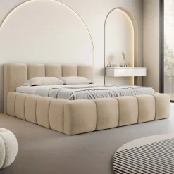 Garnero Arredamenti Letti Matrimoniali|Letti Matrimoniali-Letto matrimoniale 160x200cm con rete contenitore imbottito beige scuro Aluna Tessuto Paros Beige Scuro