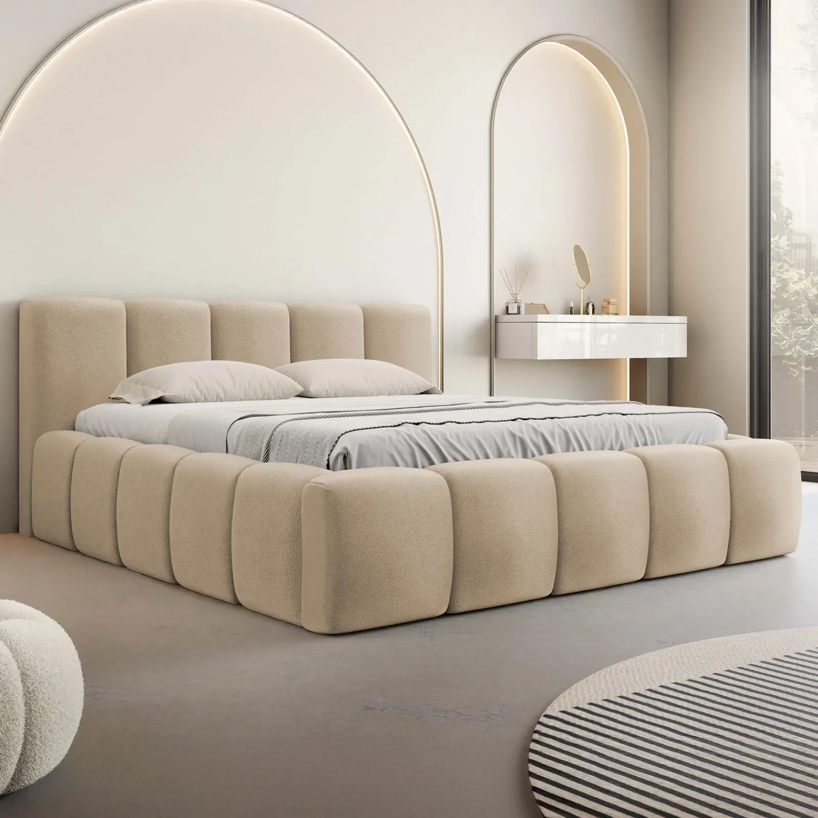 Garnero Arredamenti Letti Matrimoniali|Letti Matrimoniali-Letto matrimoniale 160x200cm con rete contenitore imbottito beige scuro Aluna Tessuto Paros Beige Scuro