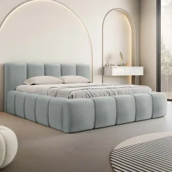 Garnero Arredamenti Letti Matrimoniali|Letti Matrimoniali-Letto matrimoniale 160x200cm con rete contenitore imbottito azzurro grigio Aluna Tessuto Paros Azzurro Grigio