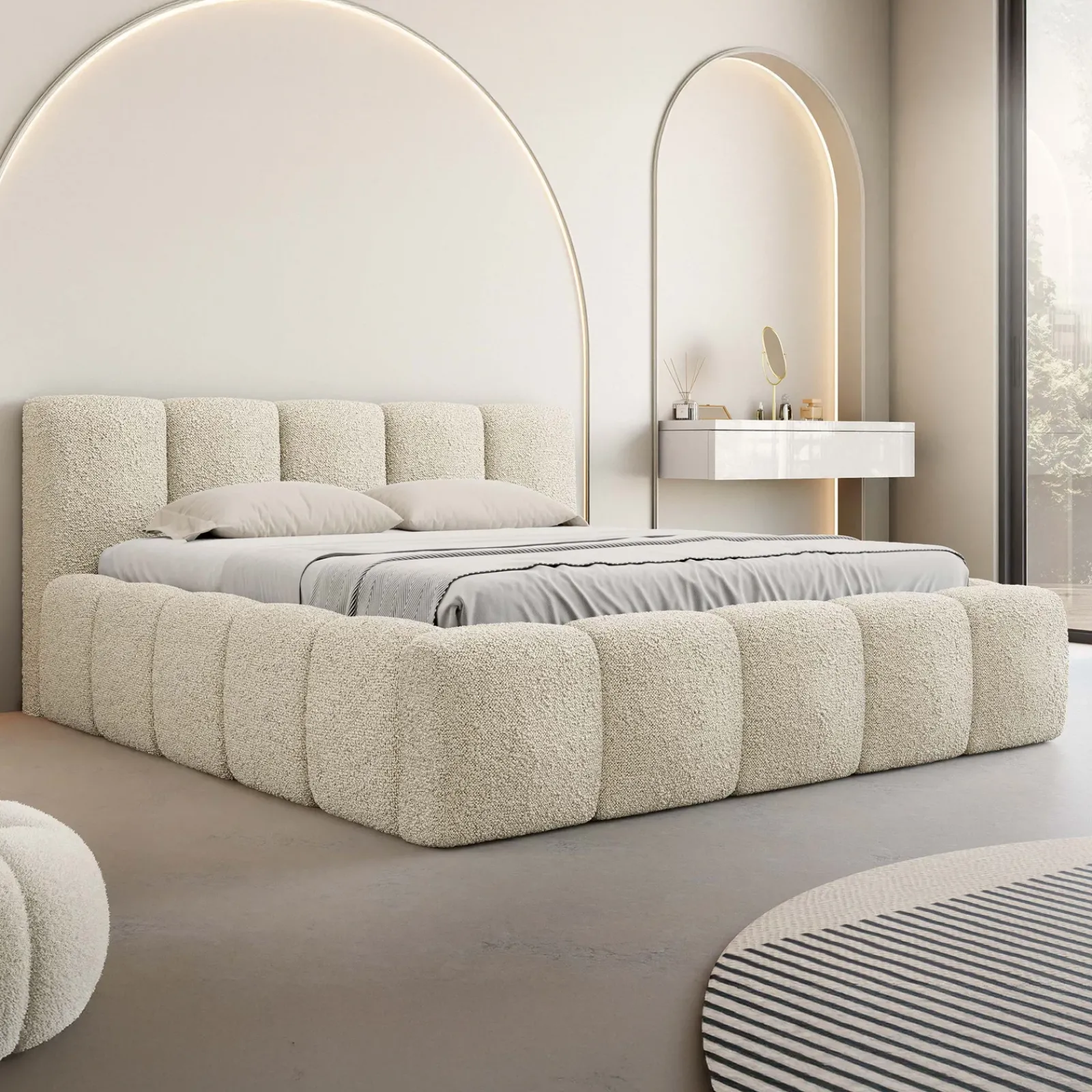 Garnero Arredamenti Letti Matrimoniali|Letti Matrimoniali-Letto matrimoniale 160x200cm con rete contenitore imbottito tessuto bouclé beige Aluna Tessuto Abriamo Beige