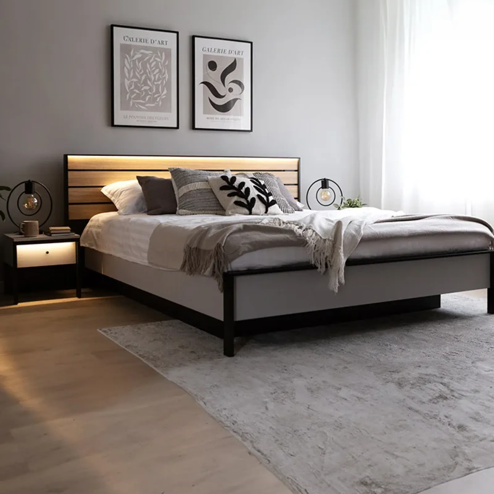 Garnero Arredamenti Letti Oversize-Letto oversize contenitore 180x200cm con LED e presa USB-C grigio nero rovere Luna