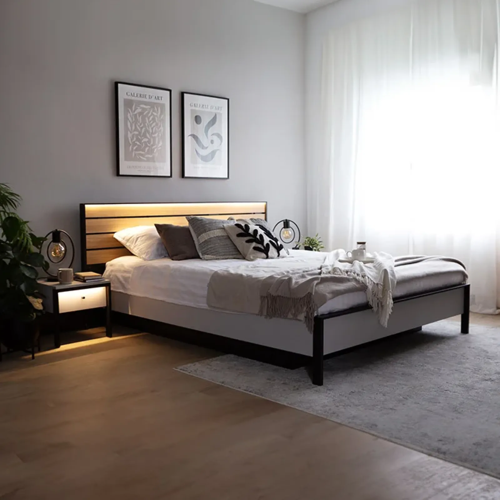 Garnero Arredamenti Letti Oversize-Letto oversize contenitore 180x200cm con LED e presa USB-C grigio nero rovere Luna