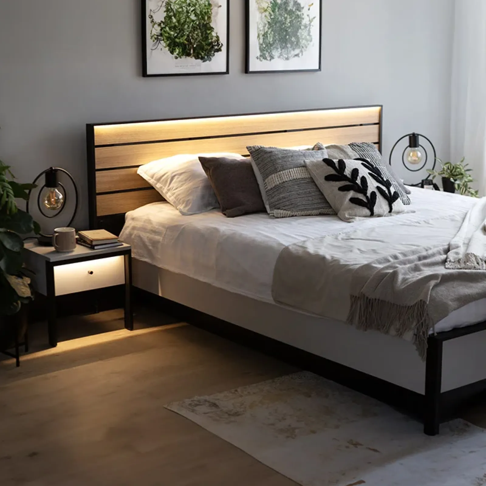 Garnero Arredamenti Letti Oversize-Letto oversize contenitore 180x200cm con LED e presa USB-C grigio nero rovere Luna