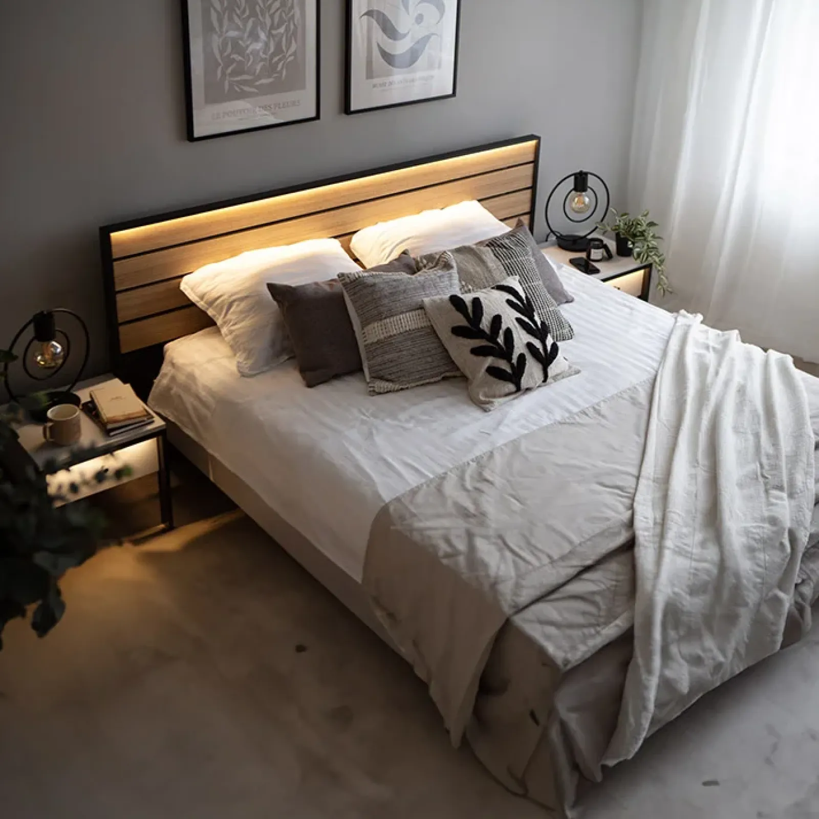 Garnero Arredamenti Letti Oversize-Letto oversize contenitore 180x200cm con LED e presa USB-C grigio nero rovere Luna