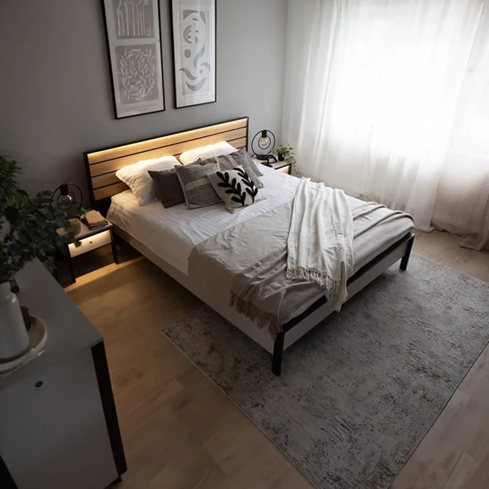 Garnero Arredamenti Letti Oversize-Letto oversize contenitore 180x200cm con LED e presa USB-C grigio nero rovere Luna