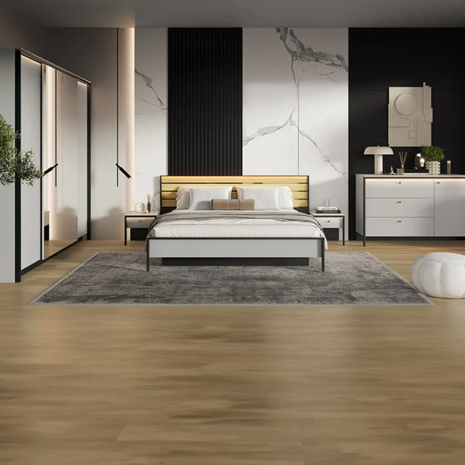 Garnero Arredamenti Letti Oversize-Letto oversize contenitore 180x200cm con LED e presa USB-C grigio nero rovere Luna