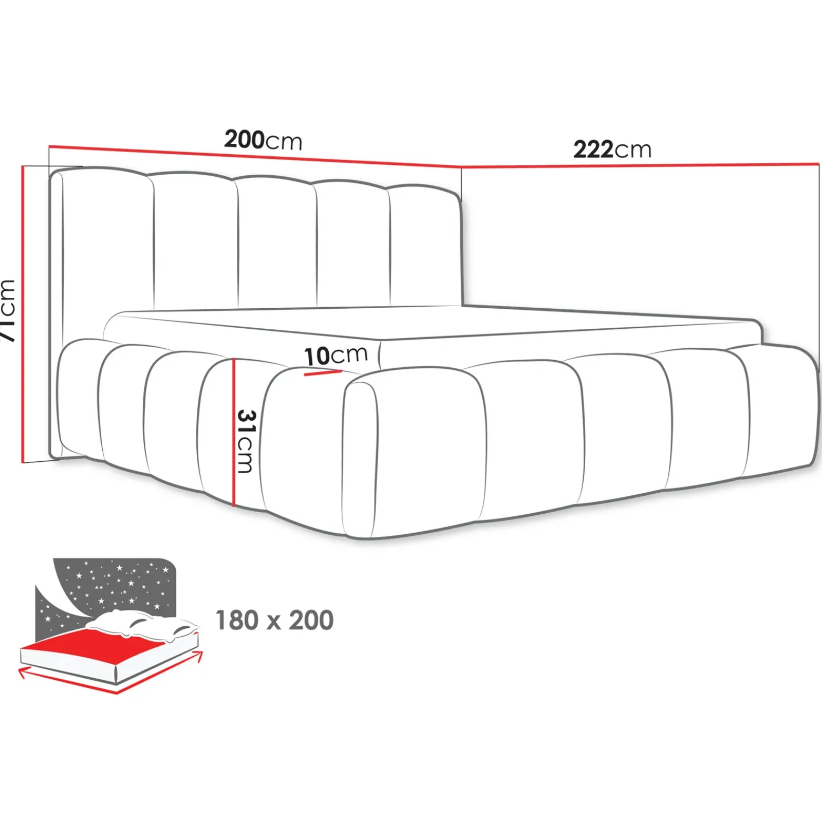 Garnero Arredamenti Letti Oversize-Letto oversize 180x200cm con rete contenitore imbottito grigio scuro Aluna Tessuto Kronos Grigio Scuro