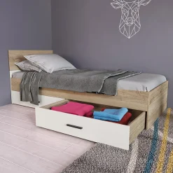 Garnero Arredamenti Letti Per Cameretta|Letti Singoli-Letto singolo 90x200cm 2 cassetti rovere beige champagne Fabio Gihome®