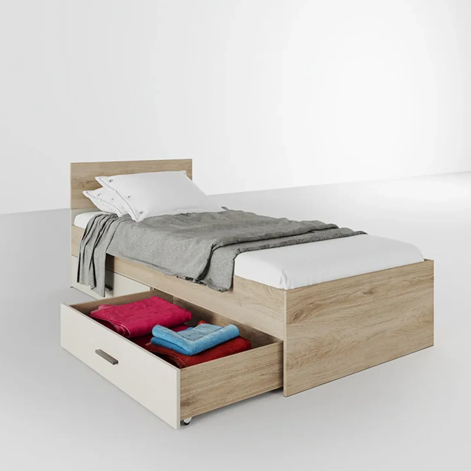 Garnero Arredamenti Letti Per Cameretta|Letti Singoli-Letto singolo 90x200cm 2 cassetti rovere beige champagne Fabio Gihome®