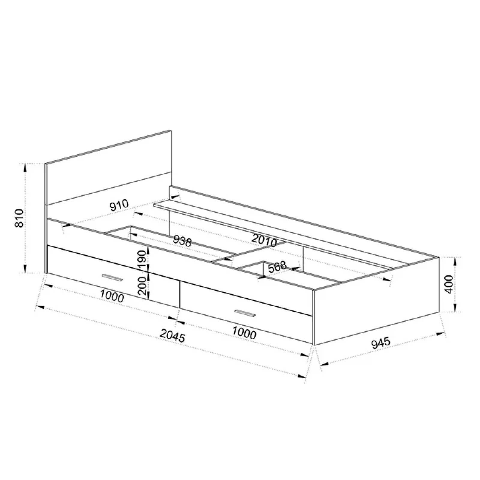 Garnero Arredamenti Letti Per Cameretta|Letti Singoli-Letto singolo 90x200cm 2 cassetti rovere beige champagne Fabio Gihome®