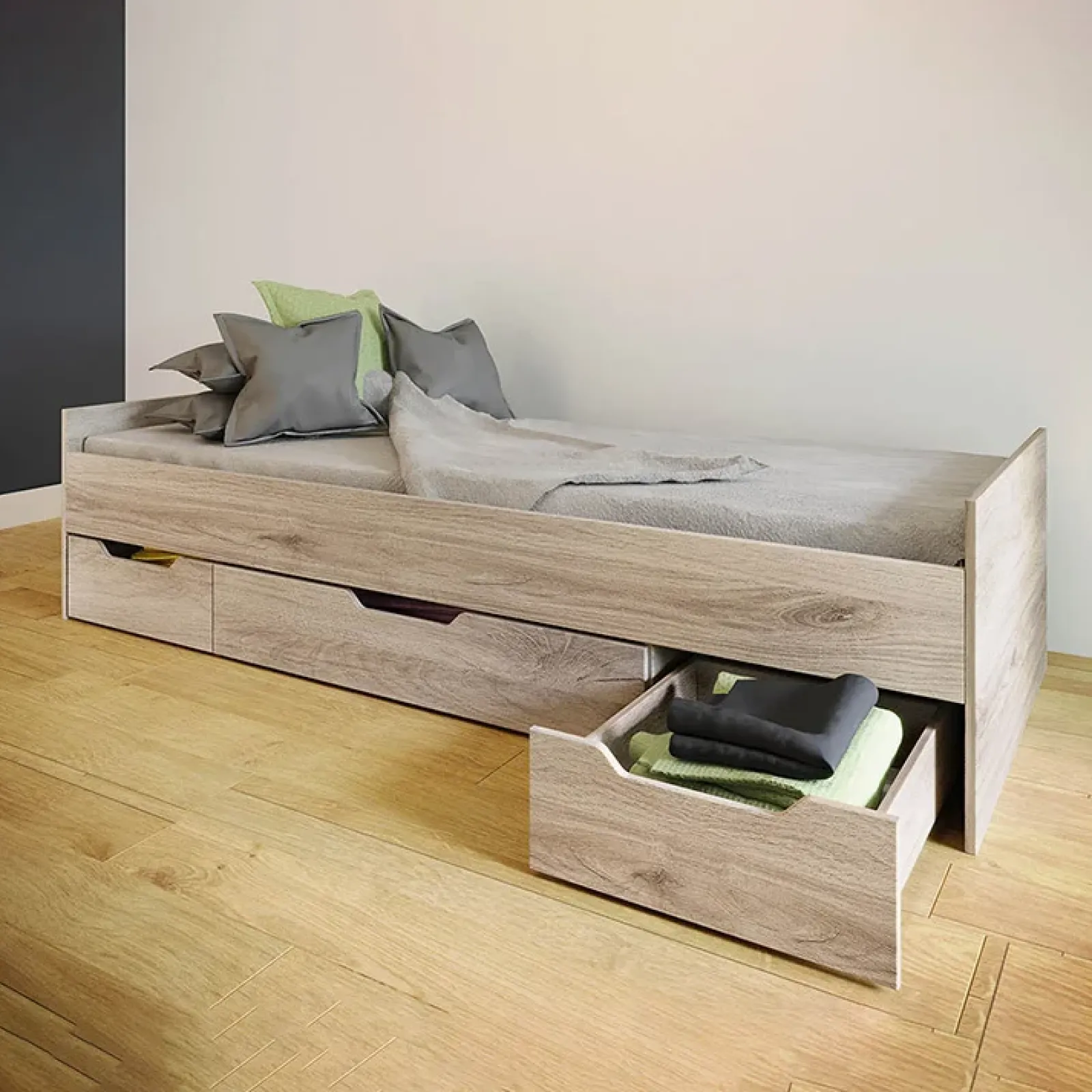 Garnero Arredamenti Letti Singoli|Letti Per Bambini E Ragazzi-Letto singolo 90x200cm 3 cassetti rovere chiaro Kabala