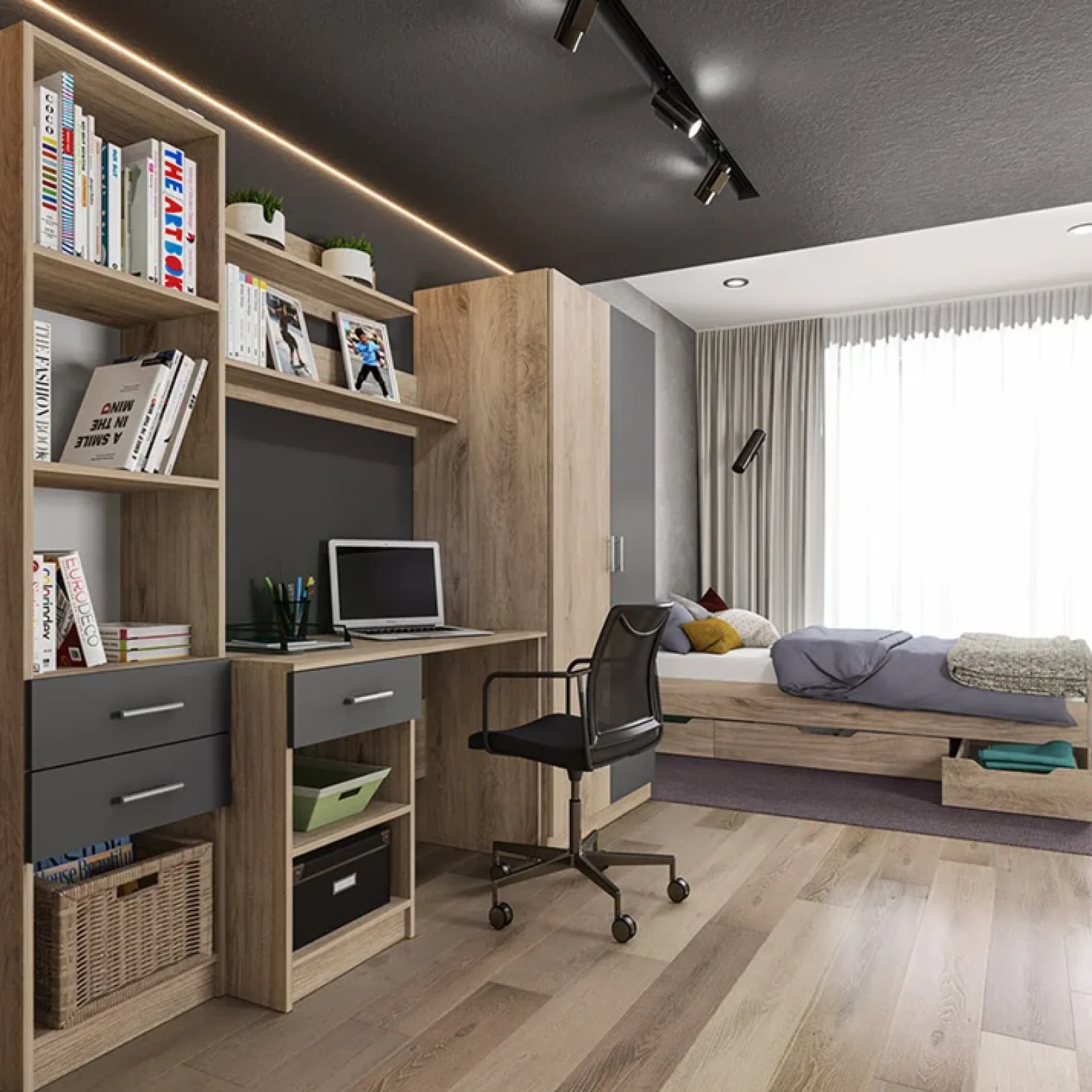 Garnero Arredamenti Letti Singoli|Letti Per Bambini E Ragazzi-Letto singolo 90x200cm 3 cassetti rovere chiaro Kabala