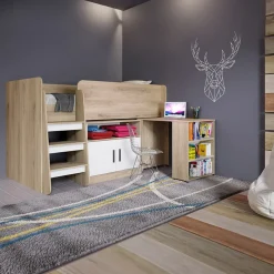 Garnero Arredamenti Letti Per Cameretta|Letti Per Bambini E Ragazzi-Letto singolo 90x200cm a soppalco rovere sonoma bianco opaco Erick