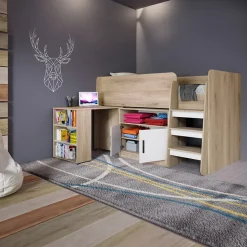 Garnero Arredamenti Letti Per Cameretta|Letti Per Bambini E Ragazzi-Letto singolo 90x200cm a soppalco rovere sonoma bianco opaco Erick