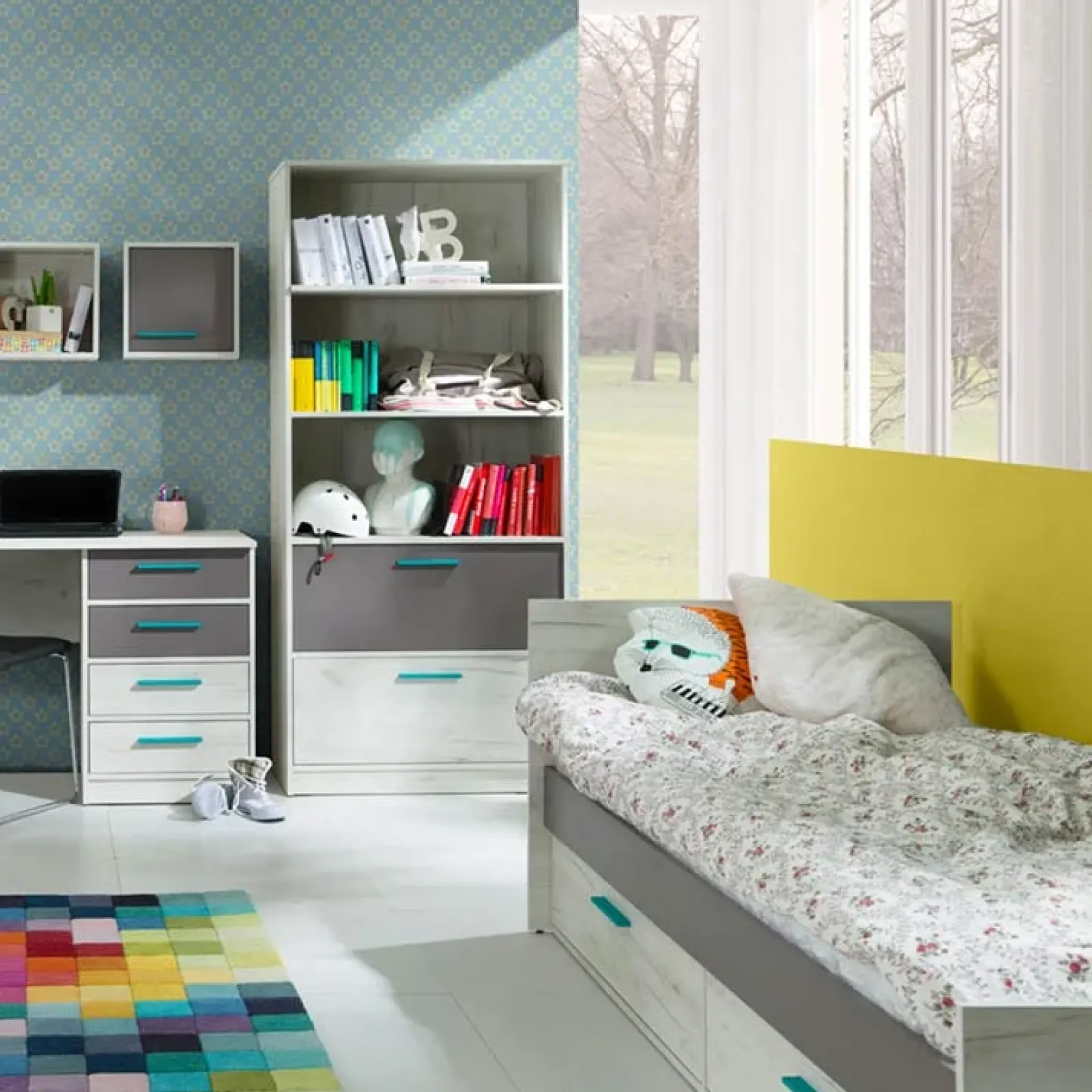 Garnero Arredamenti Letti Per Cameretta|Letti Per Bambini E Ragazzi-Letto singolo 80x200cm bianco pino grigio blu Maya Gihome®