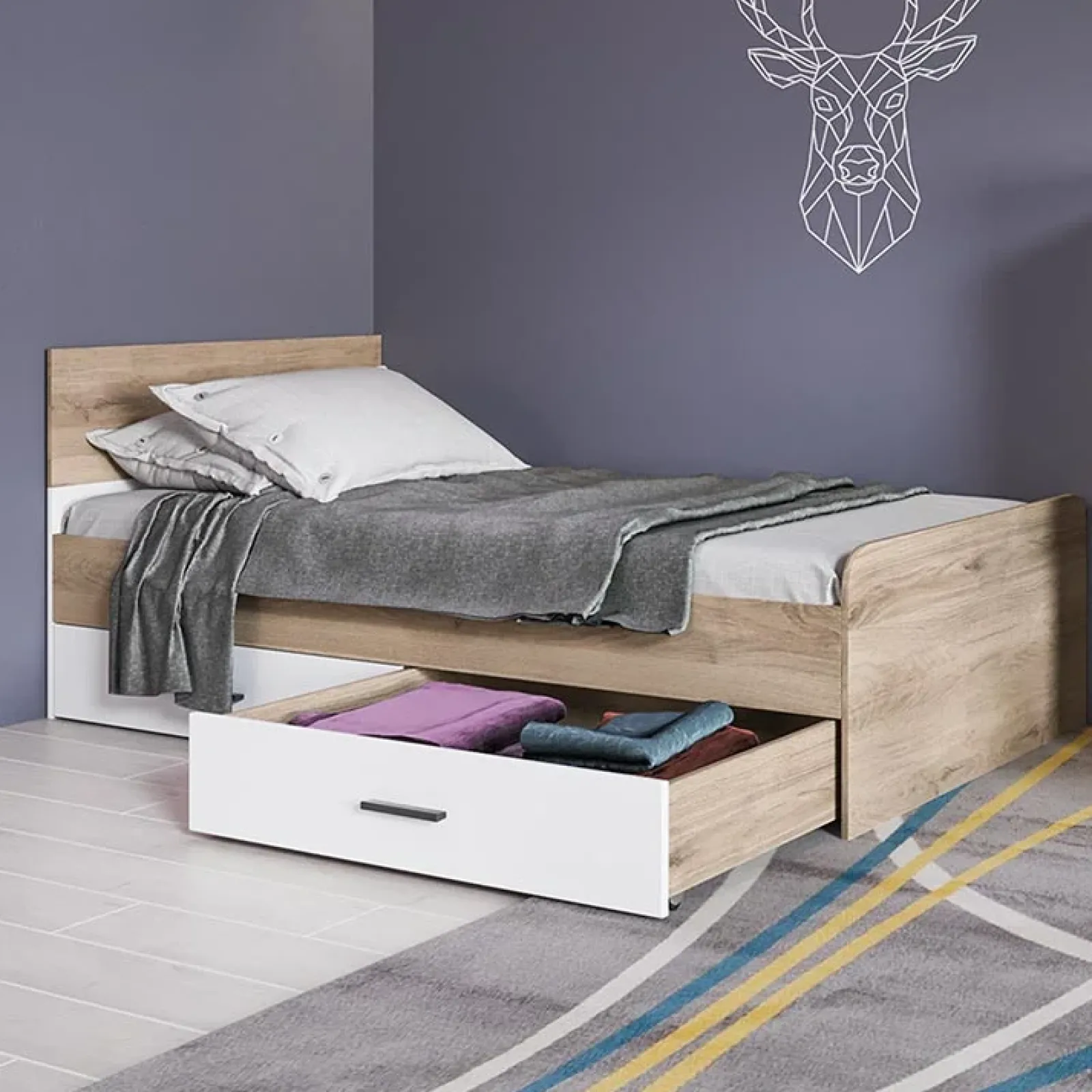 Garnero Arredamenti Letti Per Bambini E Ragazzi|Letti Per Bambini E Ragazzi-Letto singolo 90x200cm con 2 cassetti rovere bianco opaco Fabrizio