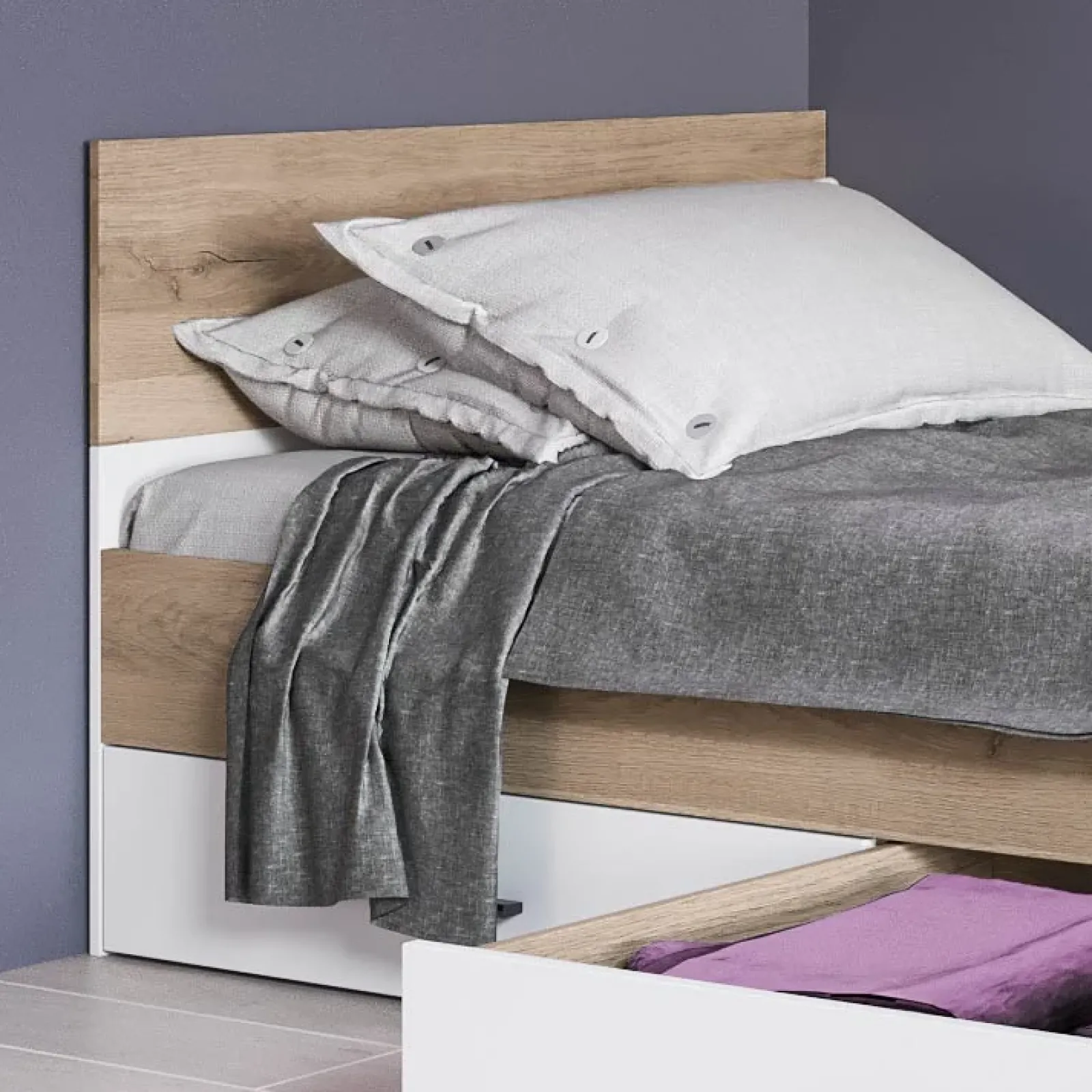 Garnero Arredamenti Letti Per Bambini E Ragazzi|Letti Per Bambini E Ragazzi-Letto singolo 90x200cm con 2 cassetti rovere bianco opaco Fabrizio