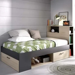 Garnero Arredamenti Letti Per Cameretta|Letti Singoli-Letto singolo 90x190cm con cassettoni e libreria rovere grafite Derby Rovere - Antracite