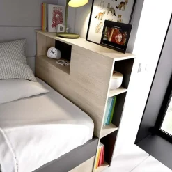 Garnero Arredamenti Letti Per Cameretta|Letti Singoli-Letto singolo 90x190cm con cassettoni e libreria rovere grafite Derby Rovere - Antracite