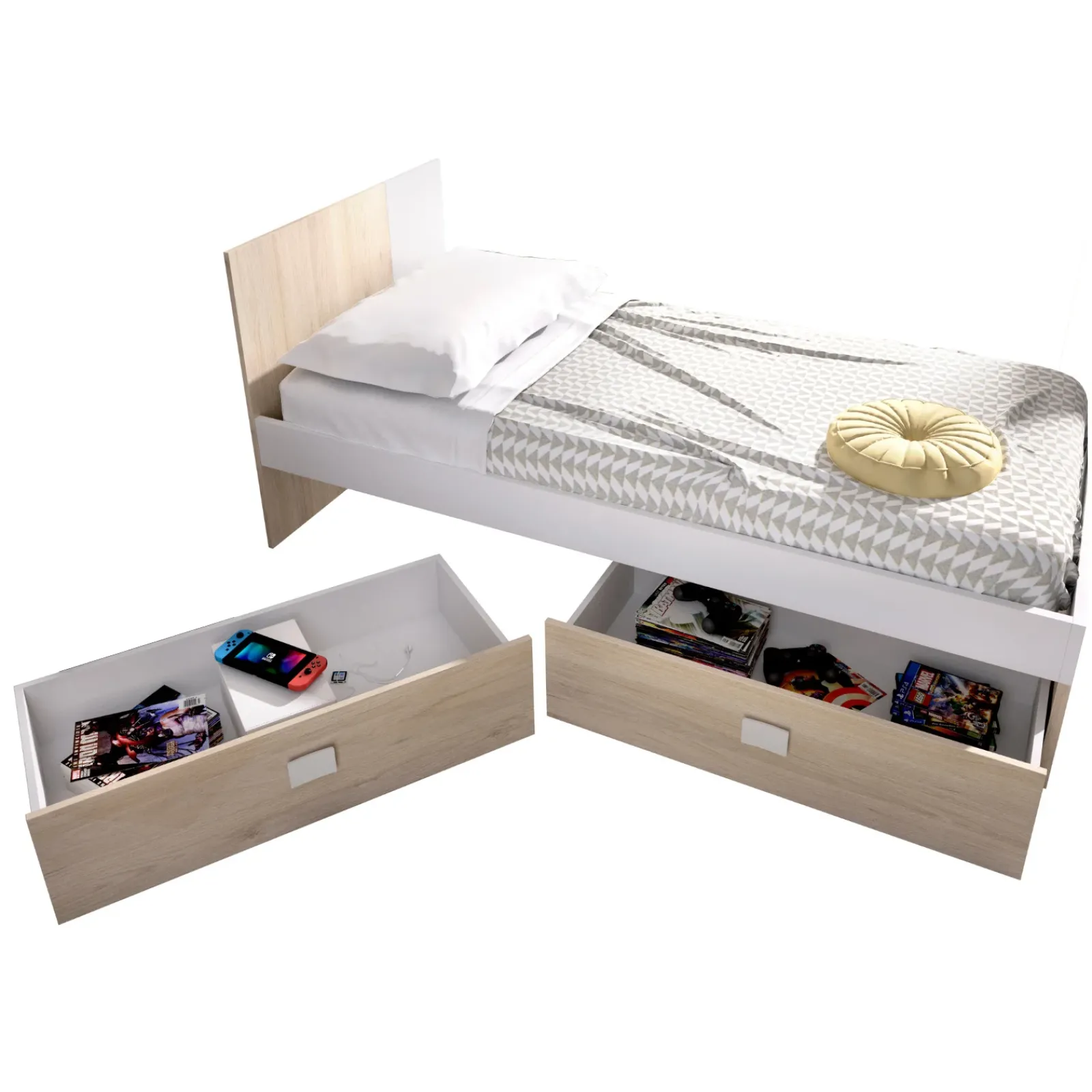 Garnero Arredamenti Letti Per Bambini E Ragazzi|Letti Per Bambini E Ragazzi-Letto singolo 90x190cm con cassettoni estraibili rovere bianco Cairo