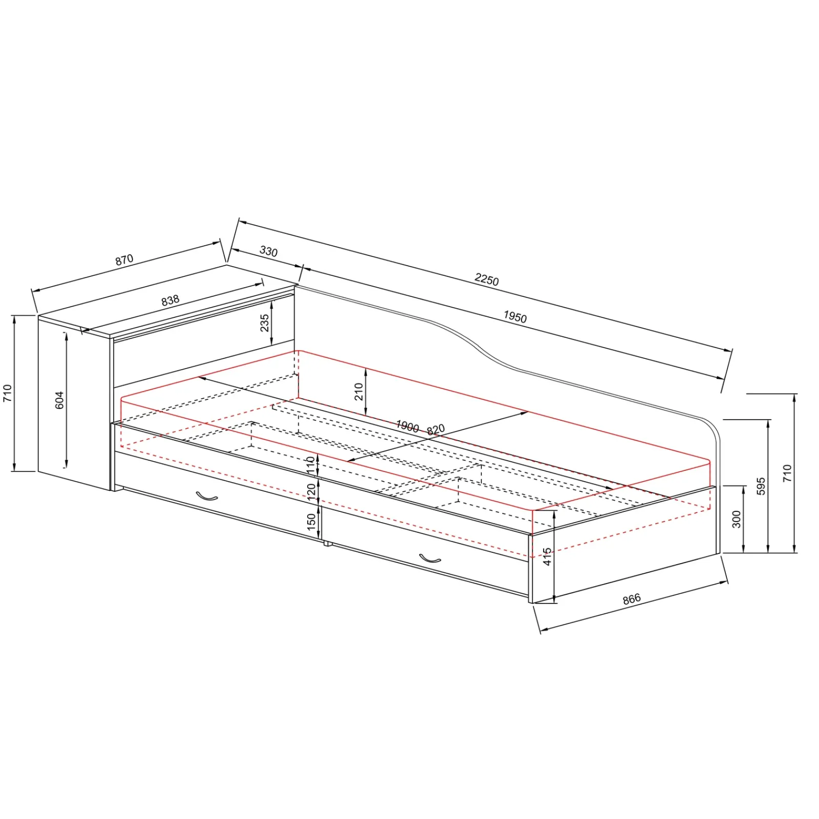 Garnero Arredamenti Letti Singoli|Letti Per Bambini E Ragazzi-Letto singolo 82x190cm con comò e cassettoni Catullo Rovere Rustico