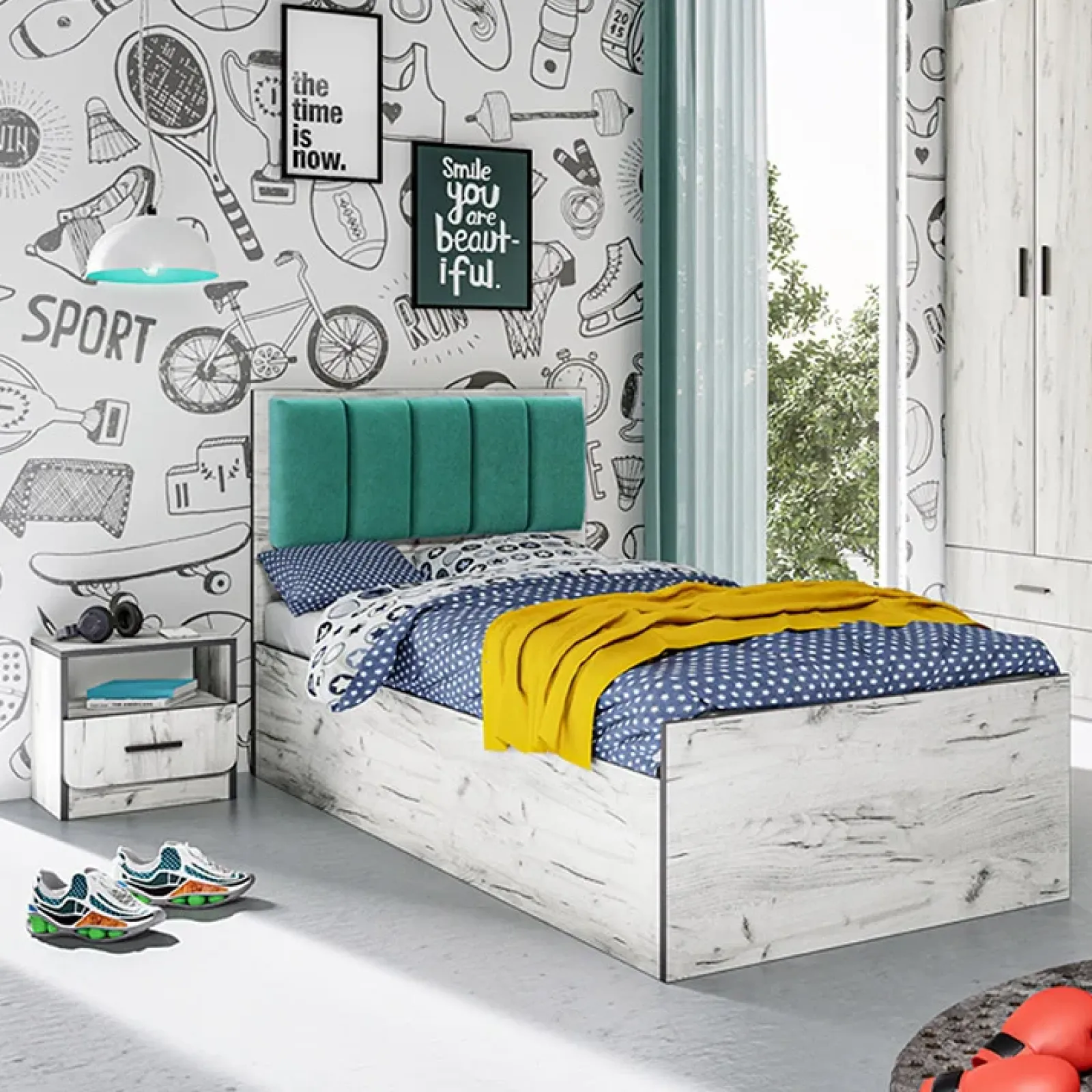 Garnero Arredamenti Letti Singoli|Letti Per Bambini E Ragazzi-Letto singolo 90x200cm contenitore bianco rustico turchese Zadar Bianco Frassinato - Azzurro