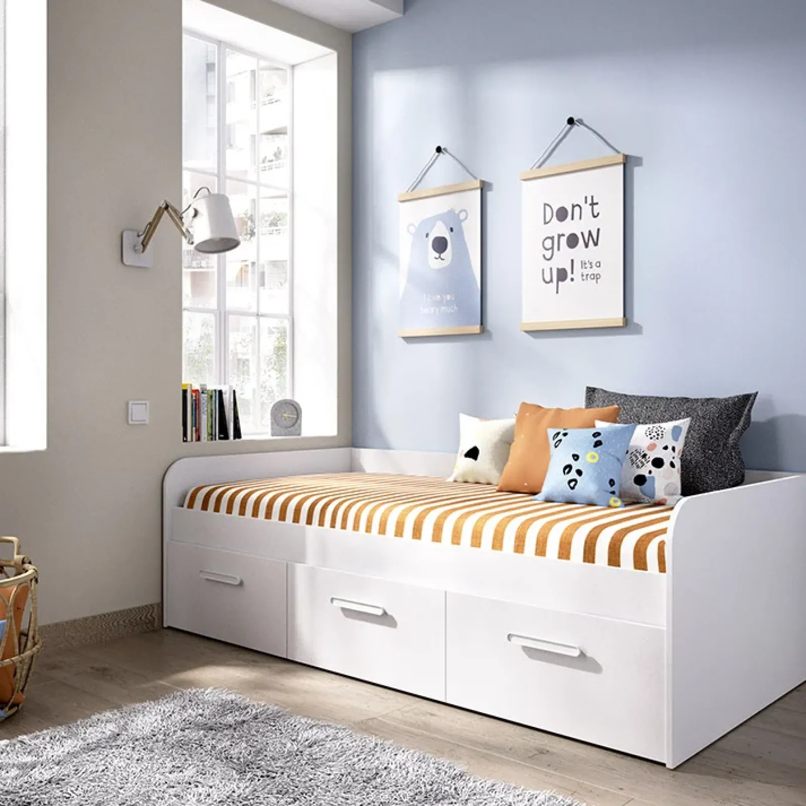 Garnero Arredamenti Letti Singoli|Letti Per Bambini E Ragazzi-Letto singolo 90x190cm per bambini legno bianco 3 cassetti Alvaro