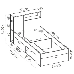 Garnero Arredamenti Letti Per Cameretta|Letti Singoli-Letto singolo 90x190cm reversibile 2 cassetti con libreria bianco Derby Bianco Opaco
