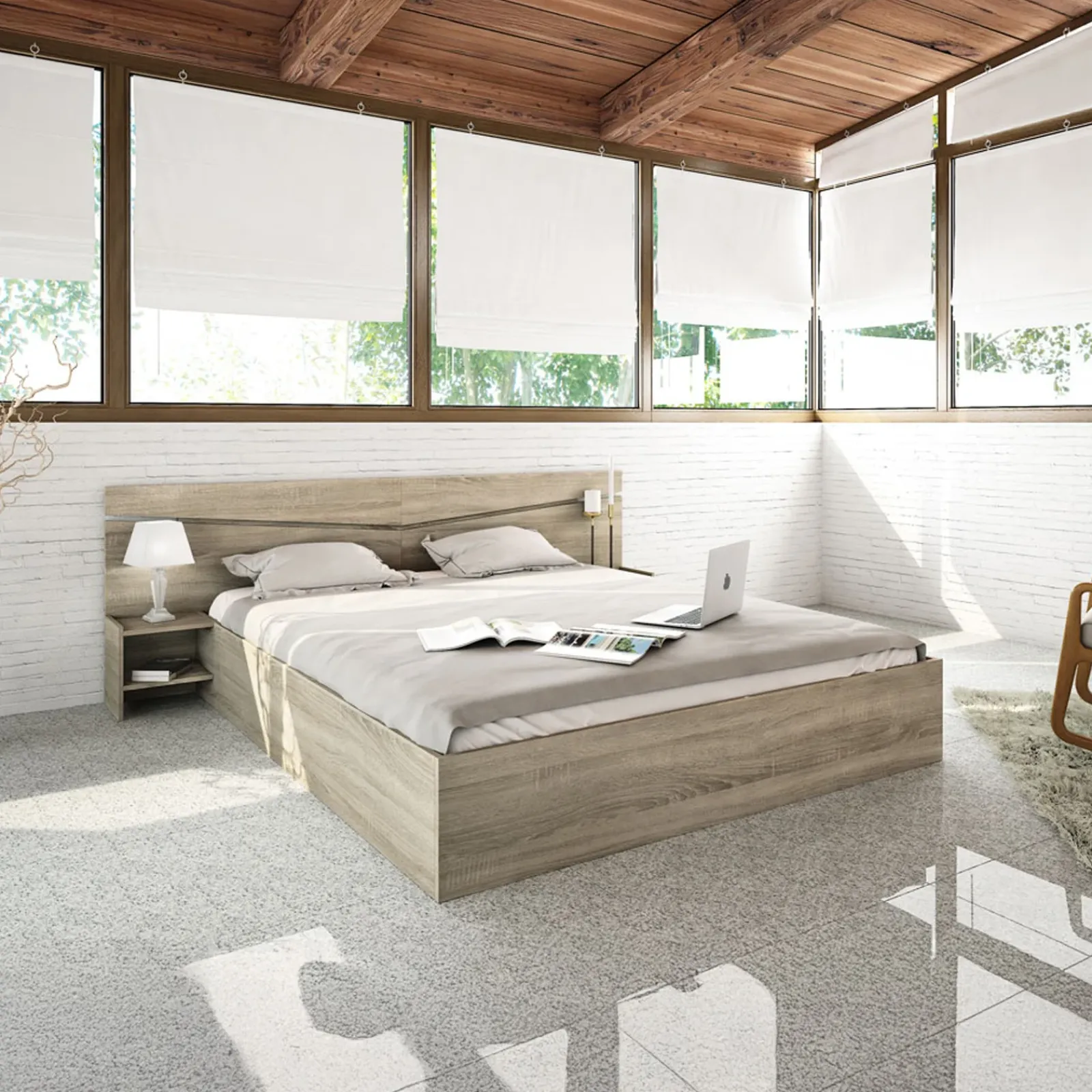 Garnero Arredamenti Letti Matrimoniali|Letti Matrimoniali-Letto 160x200cm matrimoniale con comodini sonoma Camilla Gihome® Rovere