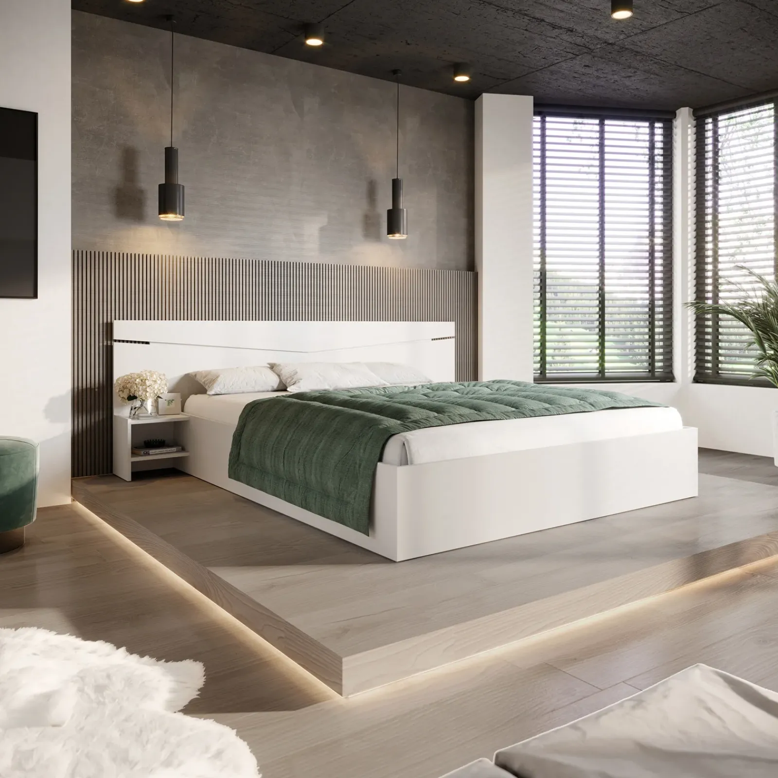 Garnero Arredamenti Letti Matrimoniali|Letti Matrimoniali-Letto 160x200cm matrimoniale con comodini Camilla Gihome® Bianco Opaco