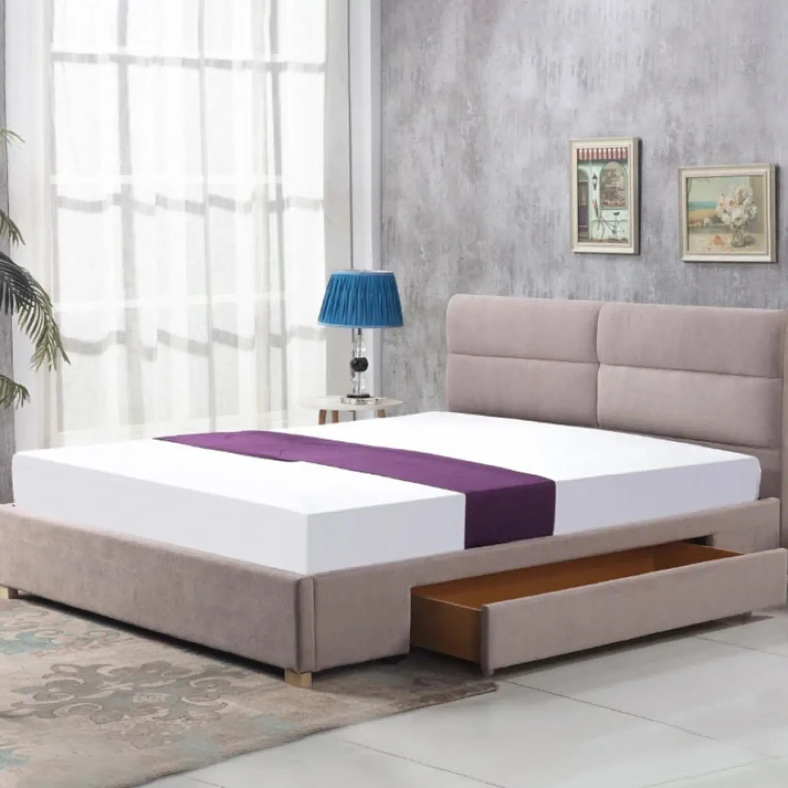 Garnero Arredamenti Letti Matrimoniali|Letti Matrimoniali-Letto 160x200cm matrimoniale con cassettone in tessuto Jelsi Gihome® Beige