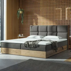 Garnero Arredamenti Letti Matrimoniali|Letti Matrimoniali-Letto 160x200cm matrimoniale continentale con contenitore e topper rovere grigio Tallin