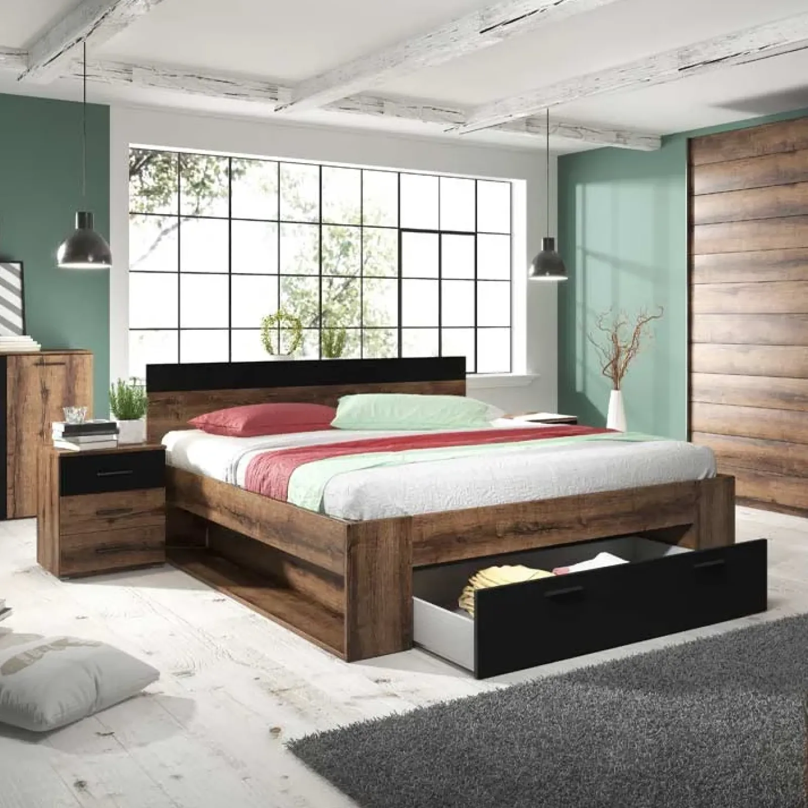 Garnero Arredamenti Letti Matrimoniali|Letti Matrimoniali-Letto 160x200cm matrimoniale contenitore rovere nero opaco Lisbona Gihome®