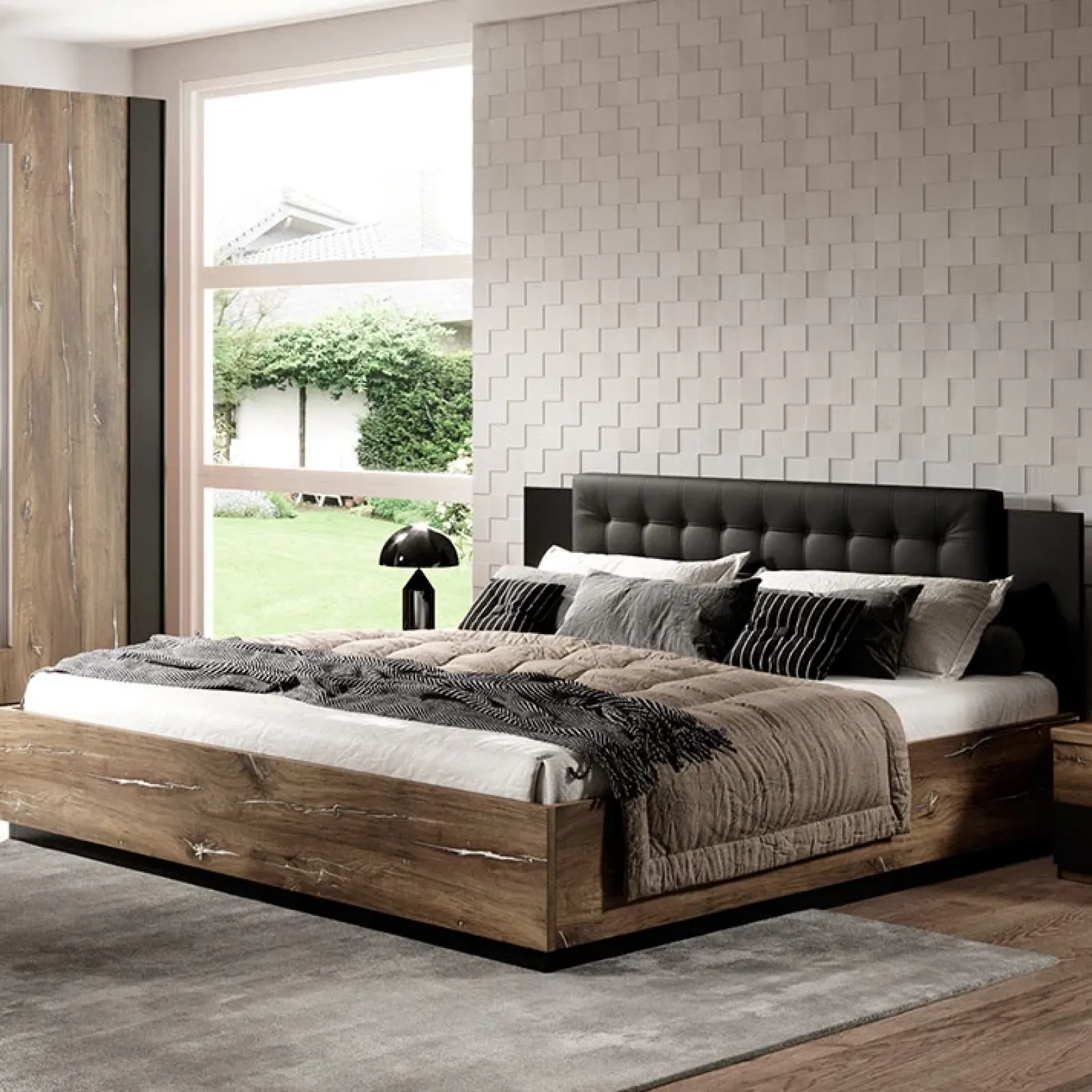 Garnero Arredamenti Letti Matrimoniali|Letti Matrimoniali-Letto 160x200cm matrimoniale rovere scuro nero Vulcano Rovere Rustico