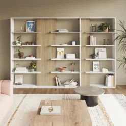 Garnero Arredamenti Librerie Ufficio|Librerie-Libreria da parete 270x180h cm moderna soggiorno rovere bianco Libris Aline 3 Bianco Opaco - Rovere