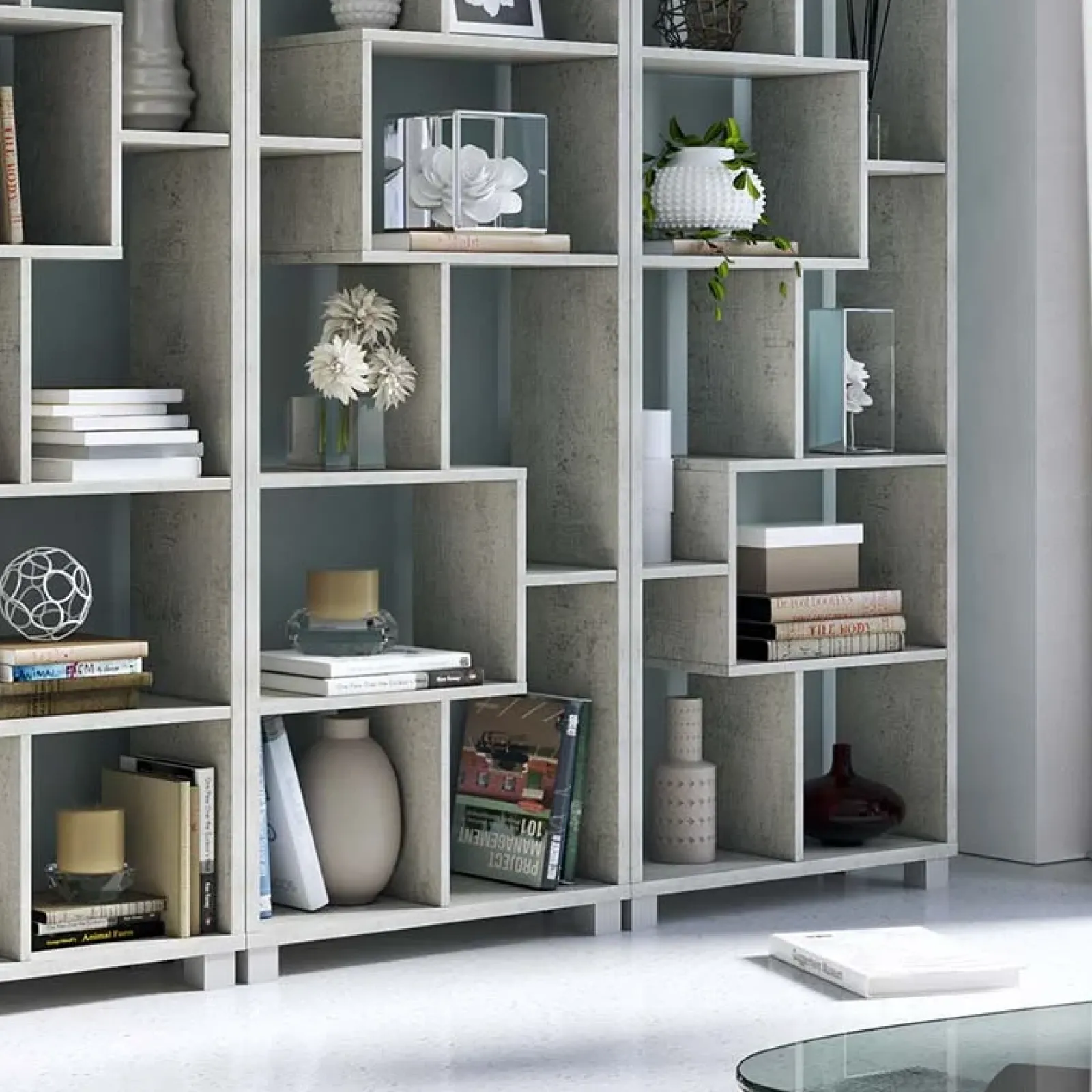 Garnero Arredamenti Librerie|Librerie-Libreria da parete 274x161h cm moderna soggiorno Eliza Cemento