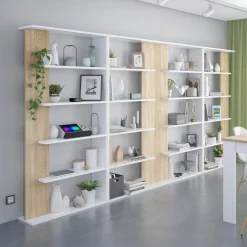 Garnero Arredamenti Librerie Ufficio|Librerie-Libreria da parete 360x180h cm moderna soggiorno rovere bianco Aline Bianco Opaco - Rovere